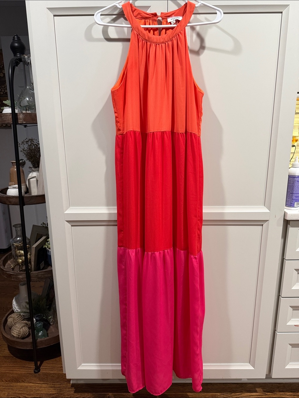 Andree by Unit Colorblock Tiered Halter Maxi Dress - Orange, Red, Pink - Size L